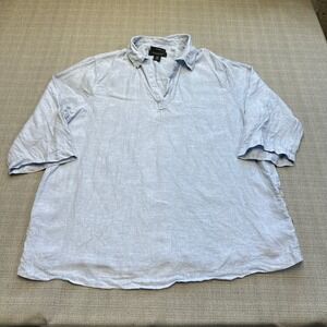 Tahari Womens 1X Popover‎ Blue Linen V Neck Top Blouse Shirt Vacation Casual